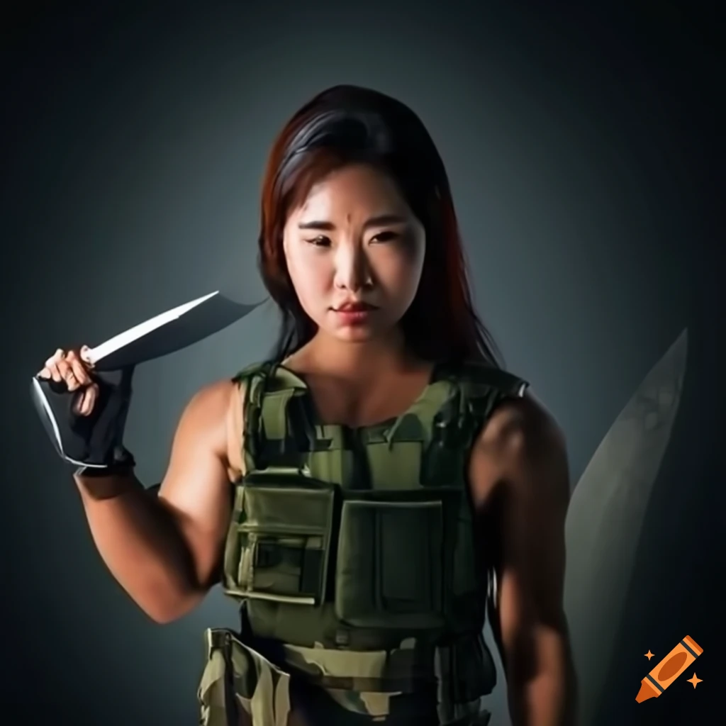 Muscular asian woman with knife in tactical gear on Craiyon