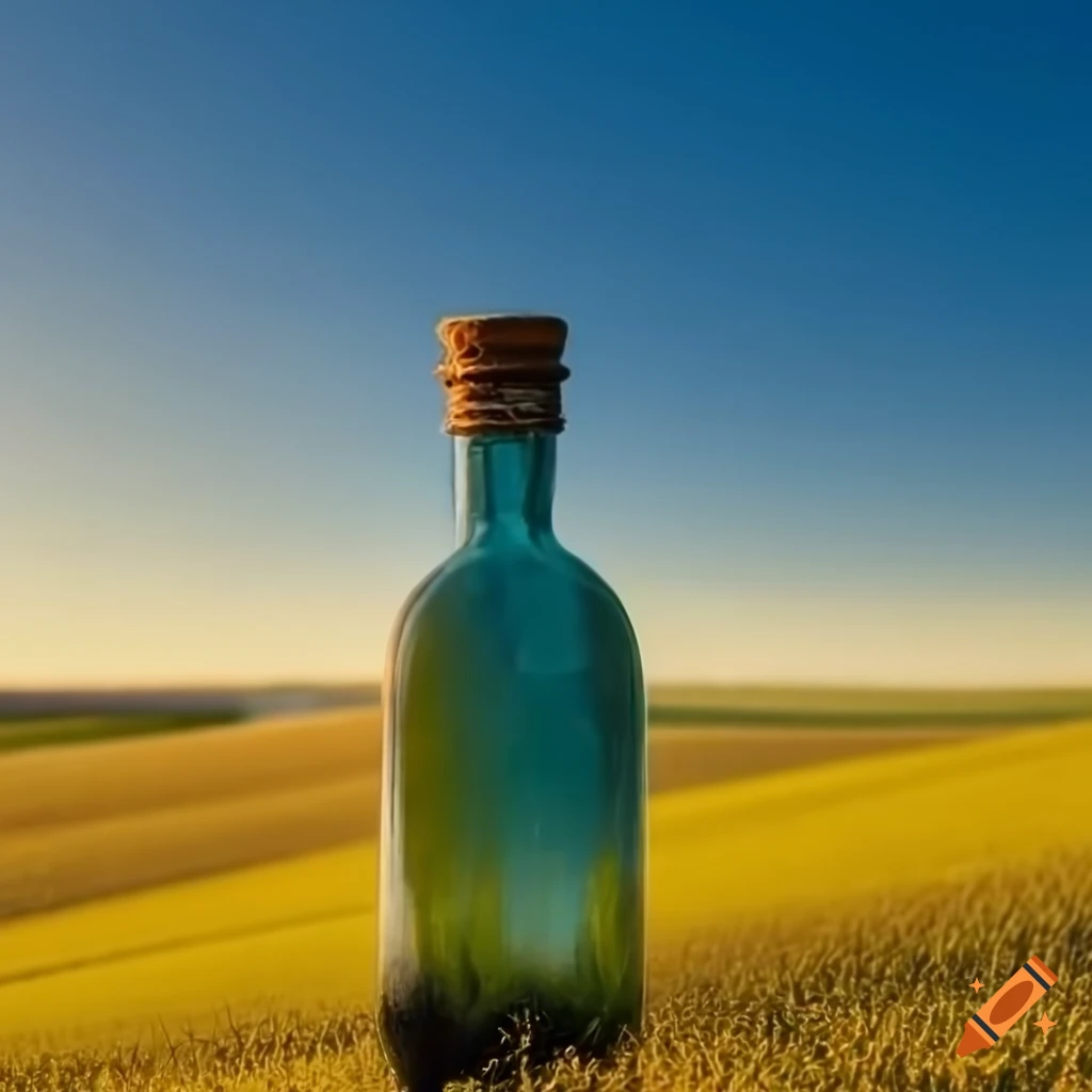 artistic illustration of a rural landscape in a potion bottle