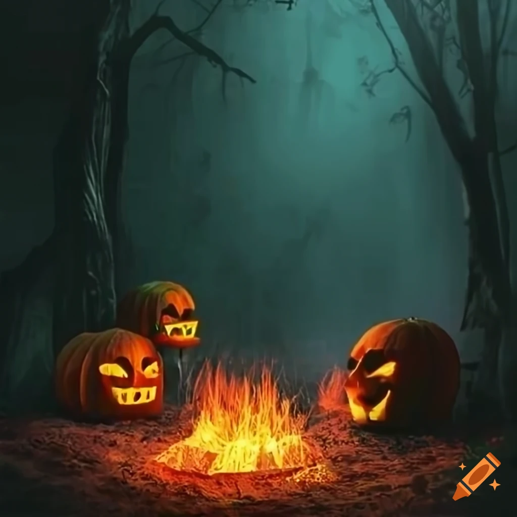 festive Halloween puppet surrounded by bonfires in a dark forest