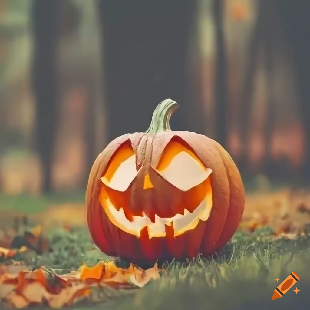 carved pumpkin in an autumn forest
