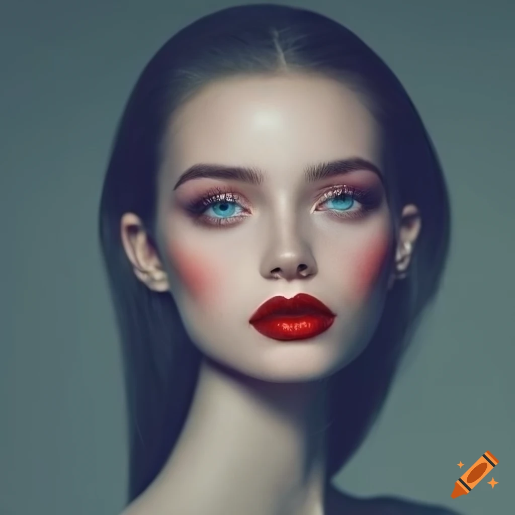 Portrait Of A Beautiful Woman With Black Hair And Red Lips