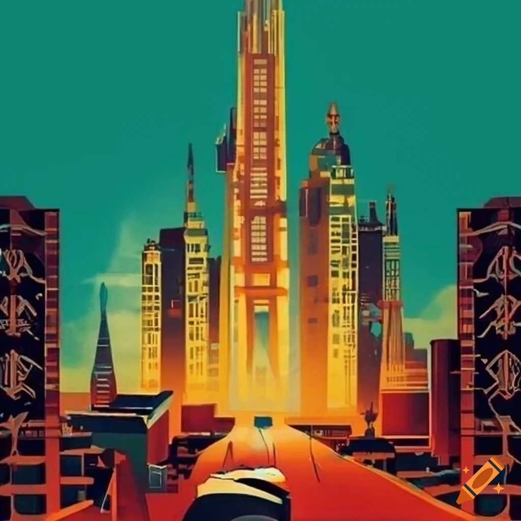 vintage travel poster of a futuristic city