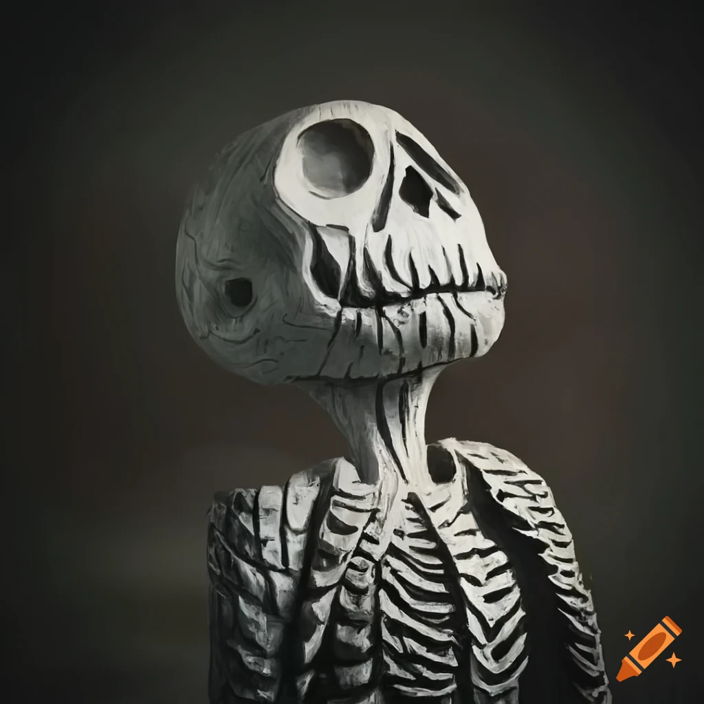 black and white wood carving of a skeleton under a tree