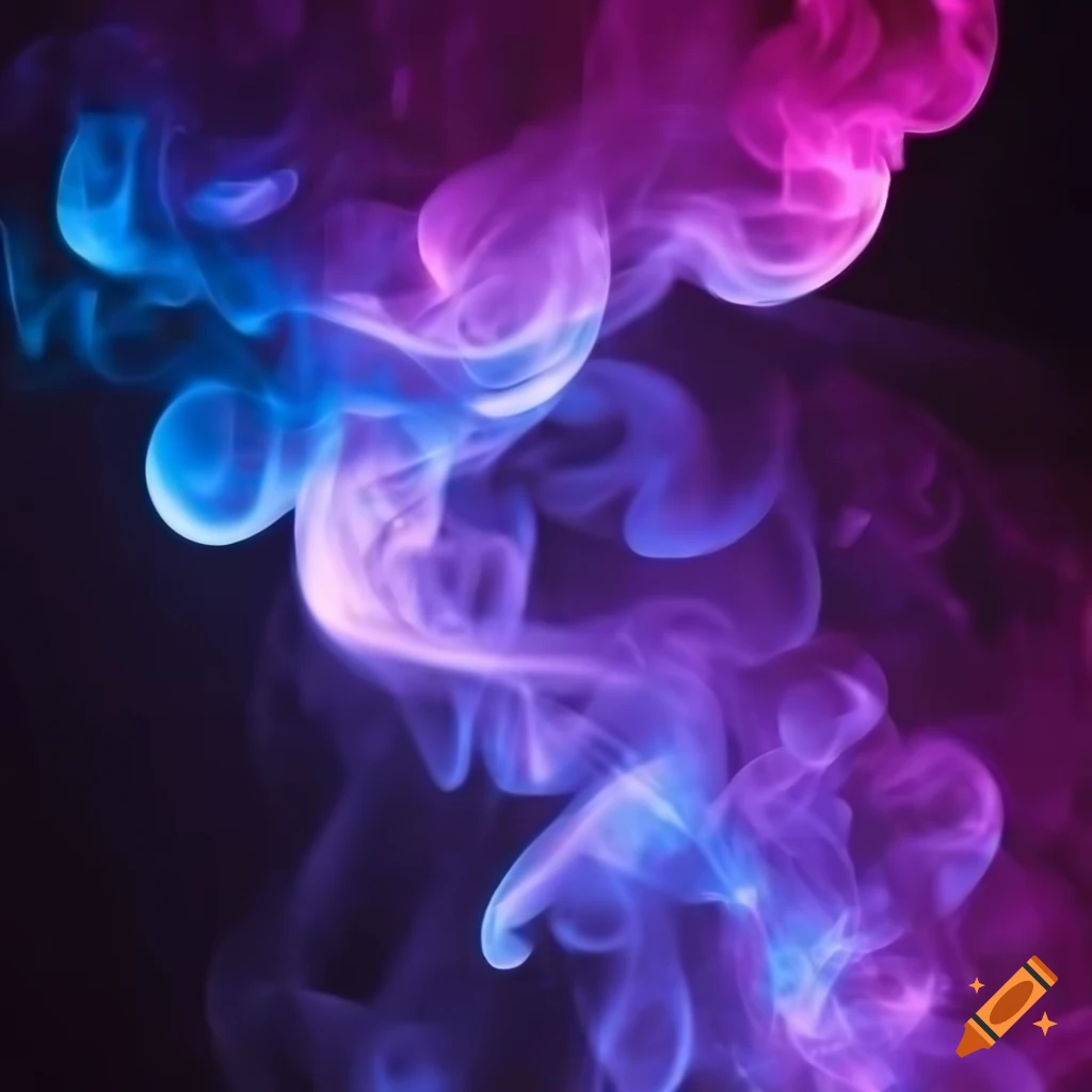 colorful smoke illuminated by pink and blue lights on a black background