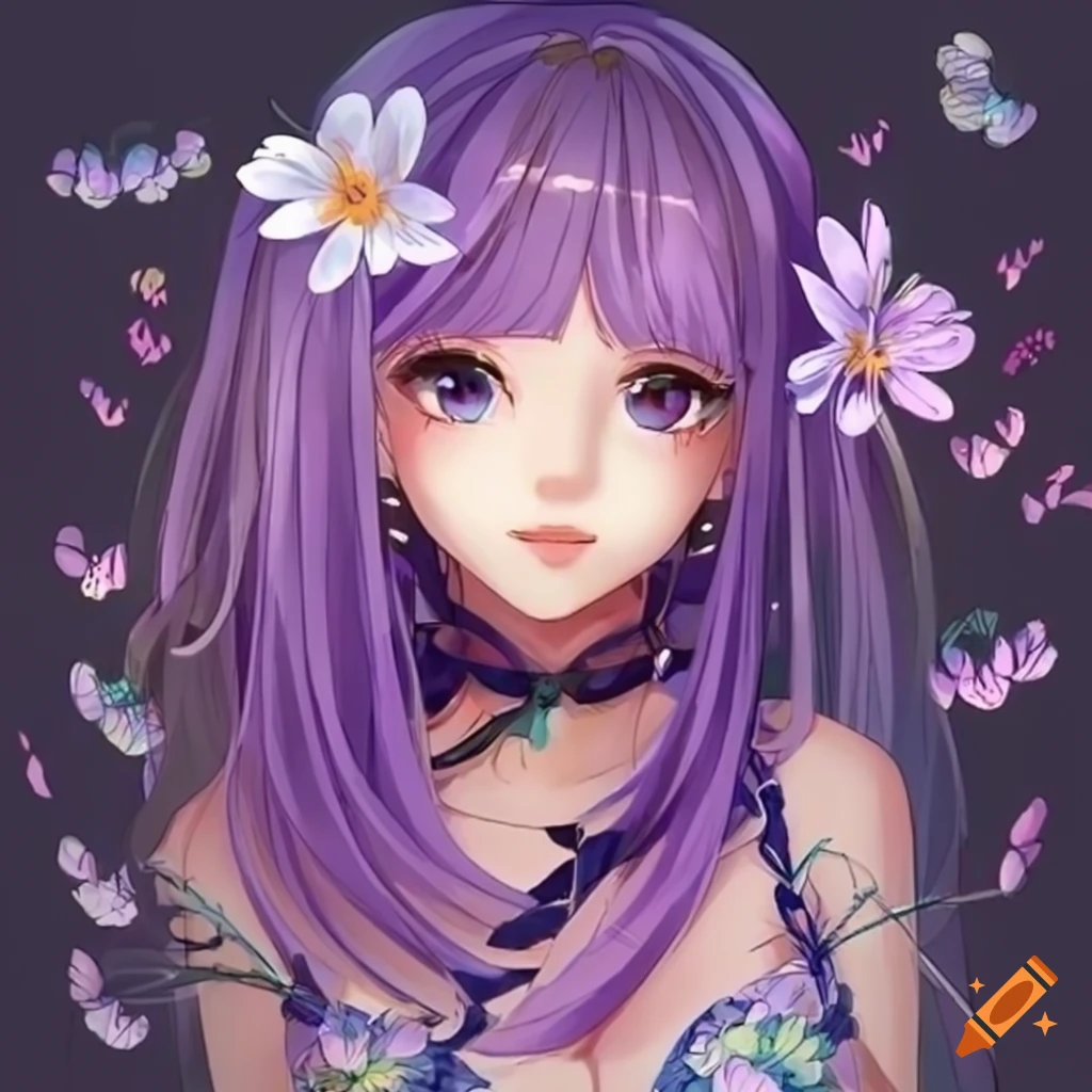 anime girl with purple hair surrounded by butterflies and flowers