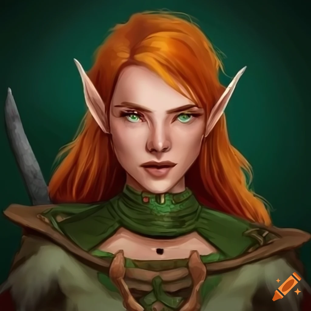 Ginger-haired female ranger elf with green eyes