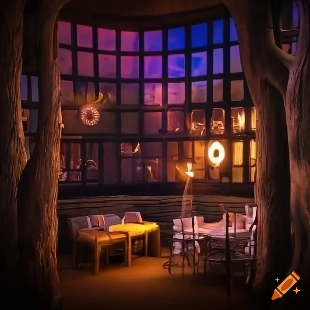 beer garden with colorful up lights and gnarled tree trunks