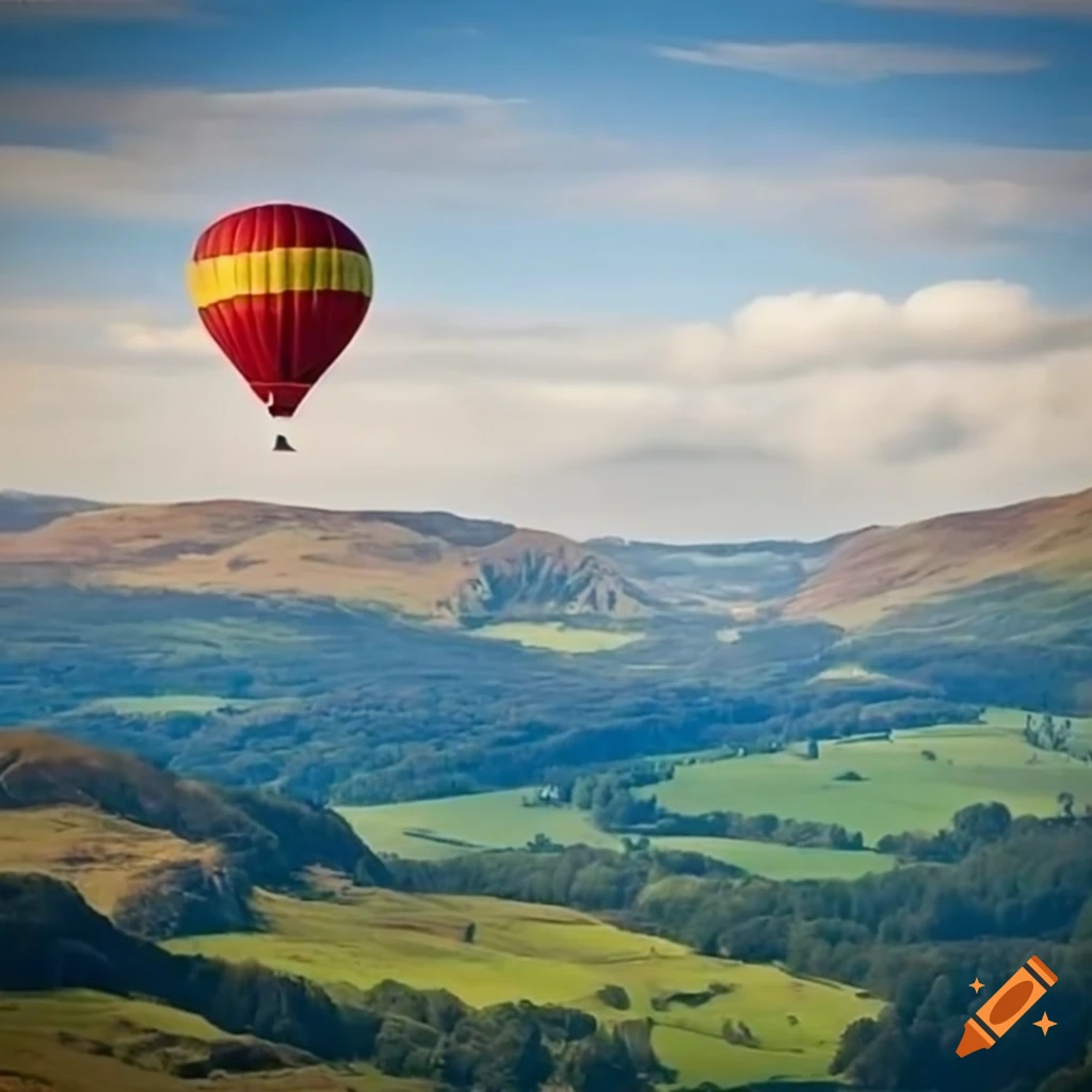 hot air balloon flying over Lake District, England