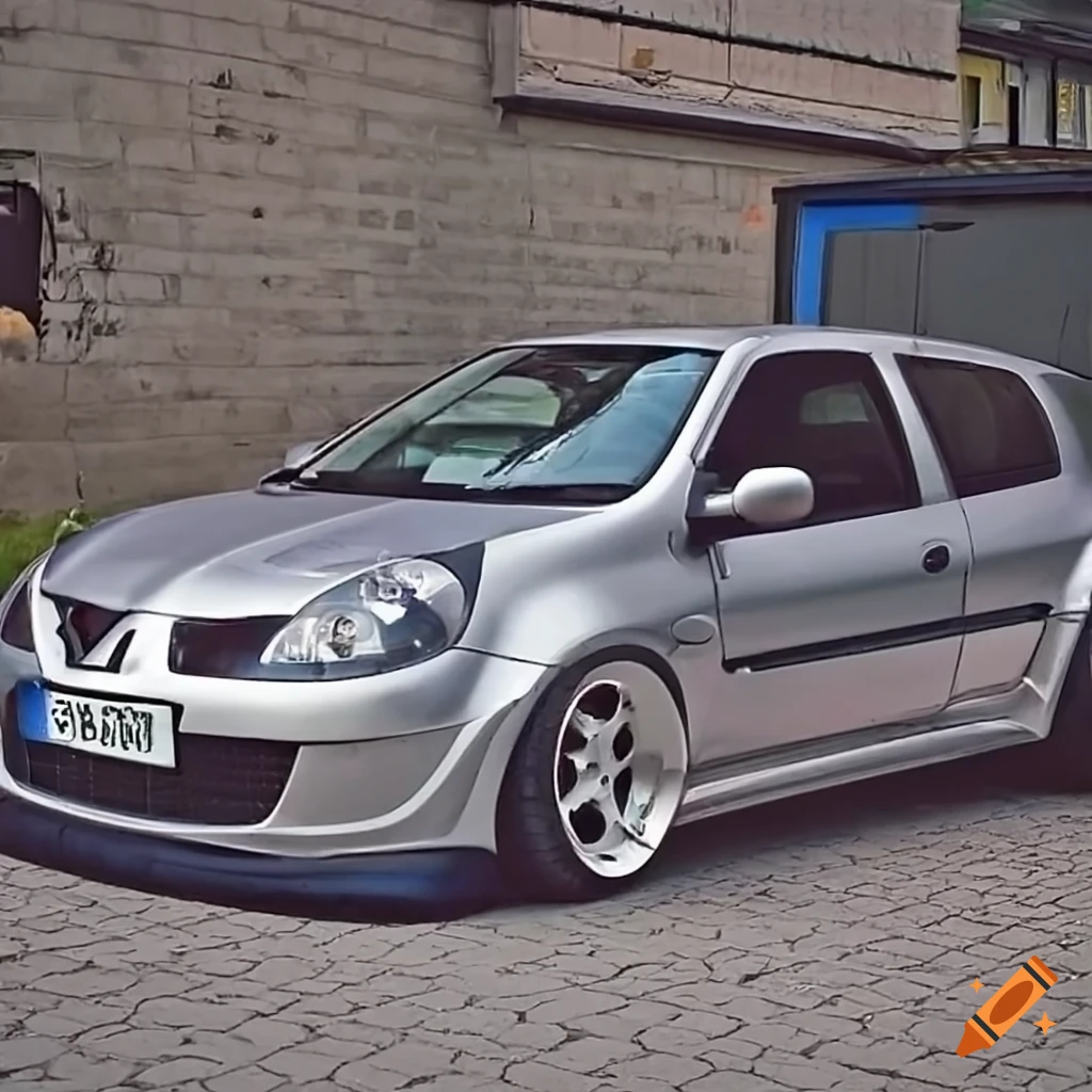 Tuned silver renault clio ii parked in front of a school on Craiyon