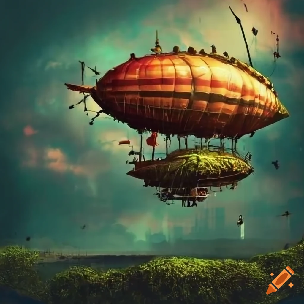 steampunk city with moss-covered airship