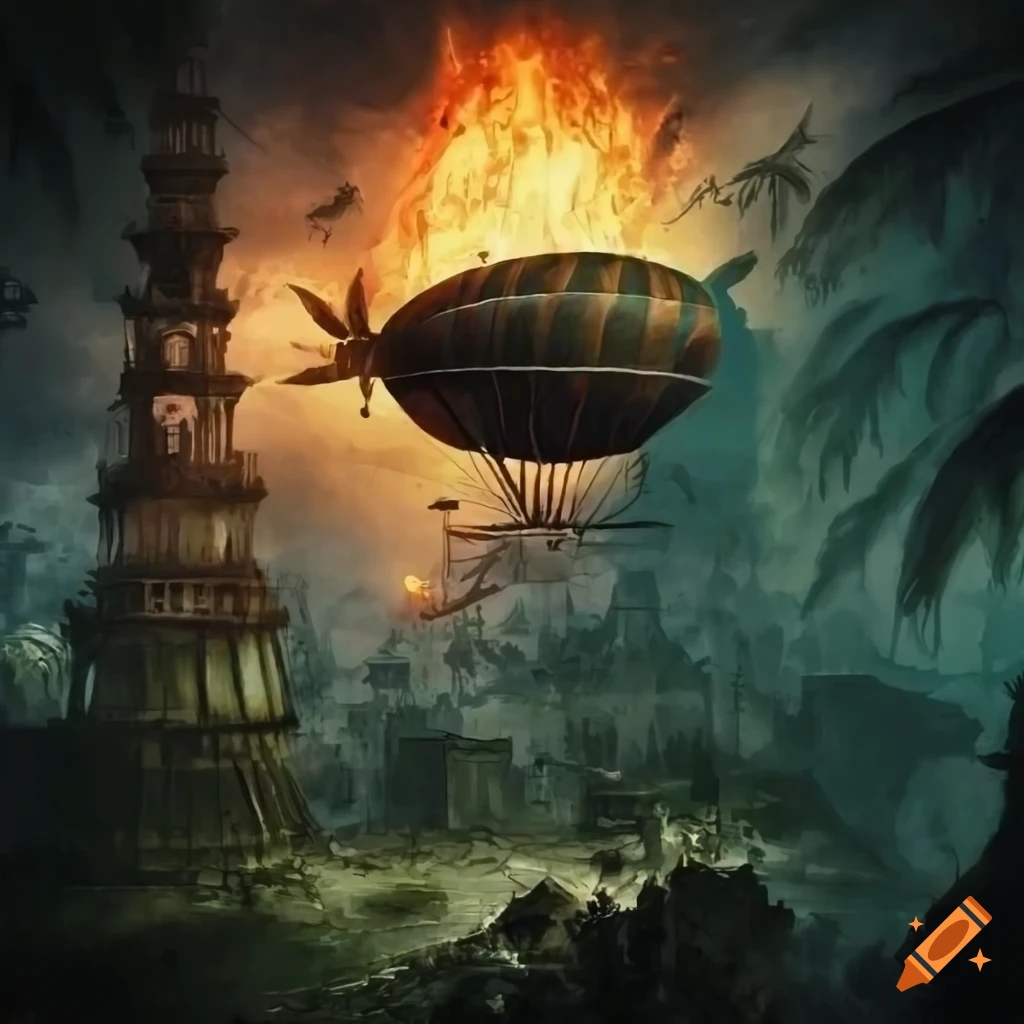 artwork of a burning airship over a moss-covered city