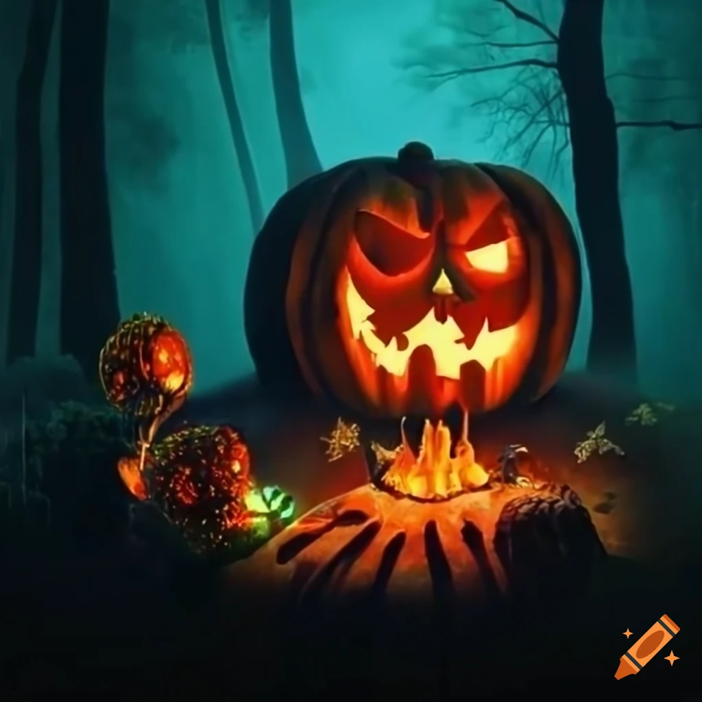 festive Halloween puppet surrounded by bonfires in a dark forest