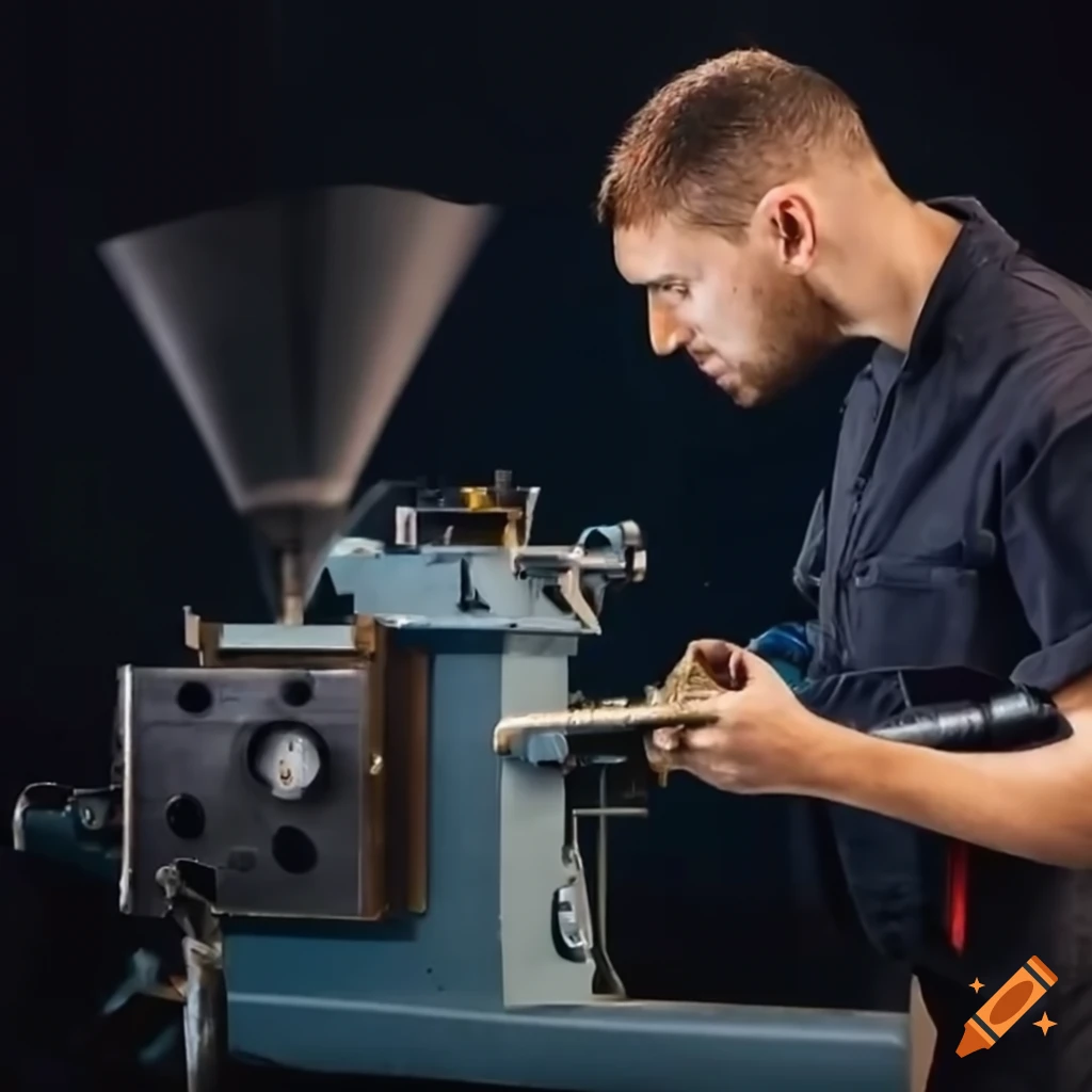 Skilled technician maintaining a rubber screw extruder on Craiyon