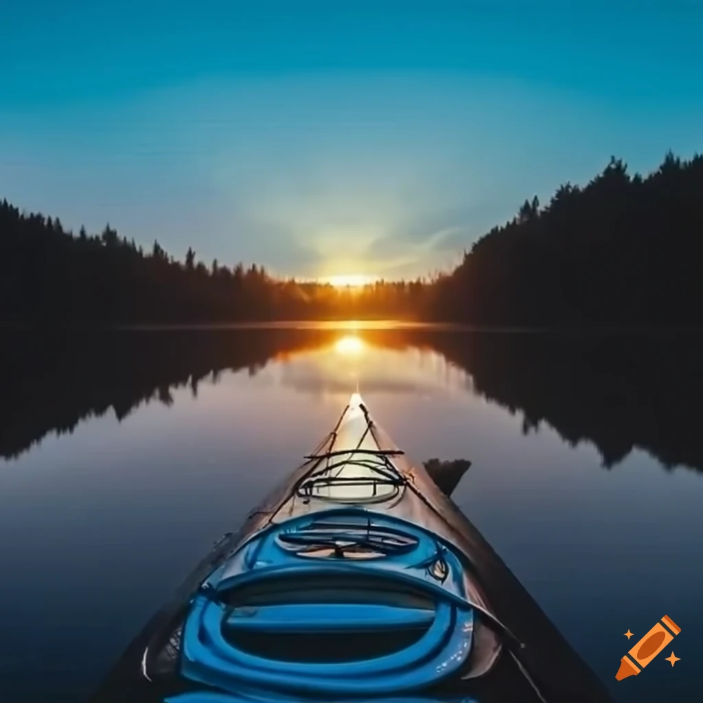 sunset view from a kayak on a calm lake