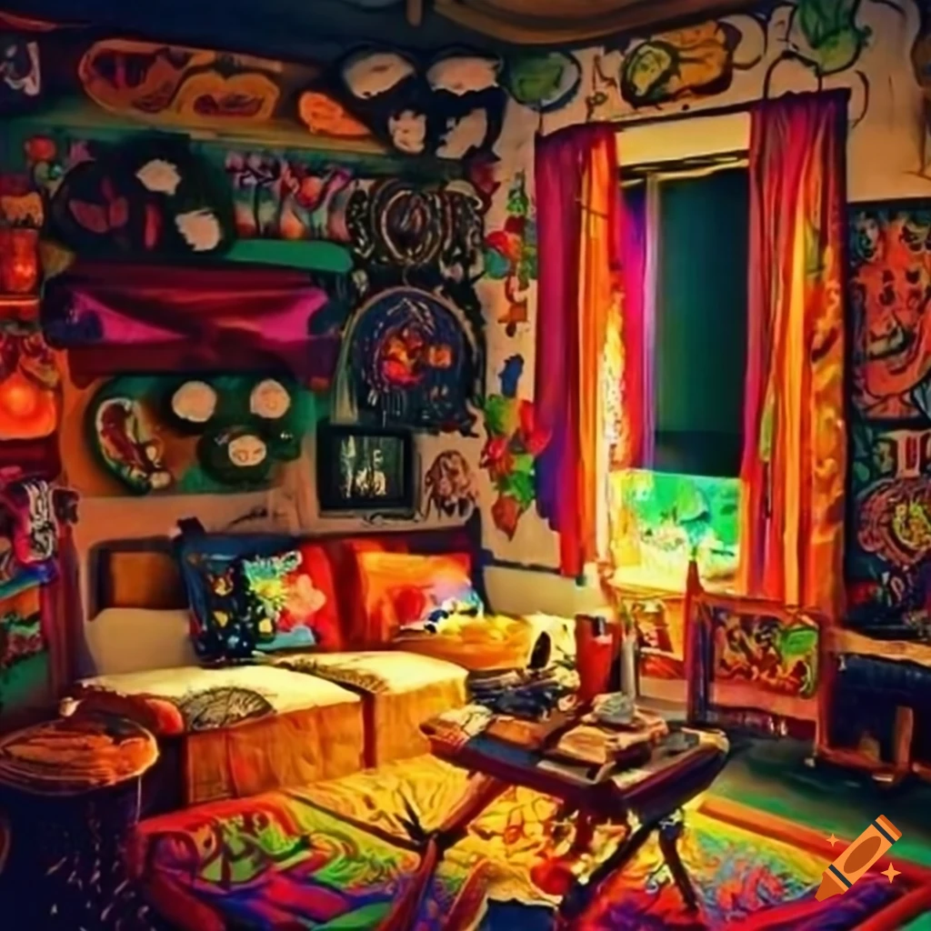 Bohemian-style room with vibrant colors and unique decorations on Craiyon