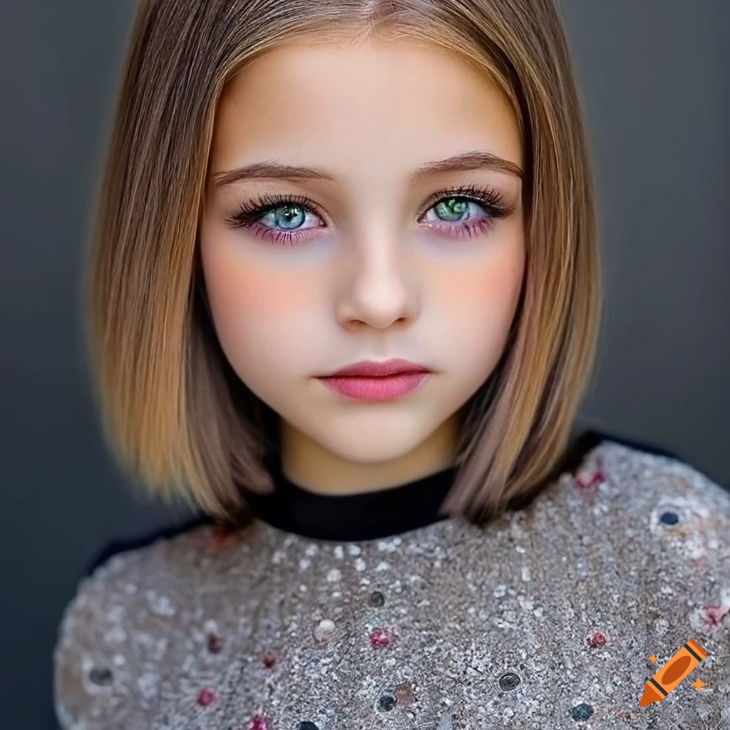 Portrait Of A 10 Year Old Girl With Brown Bob Haircut And Green Eyes On