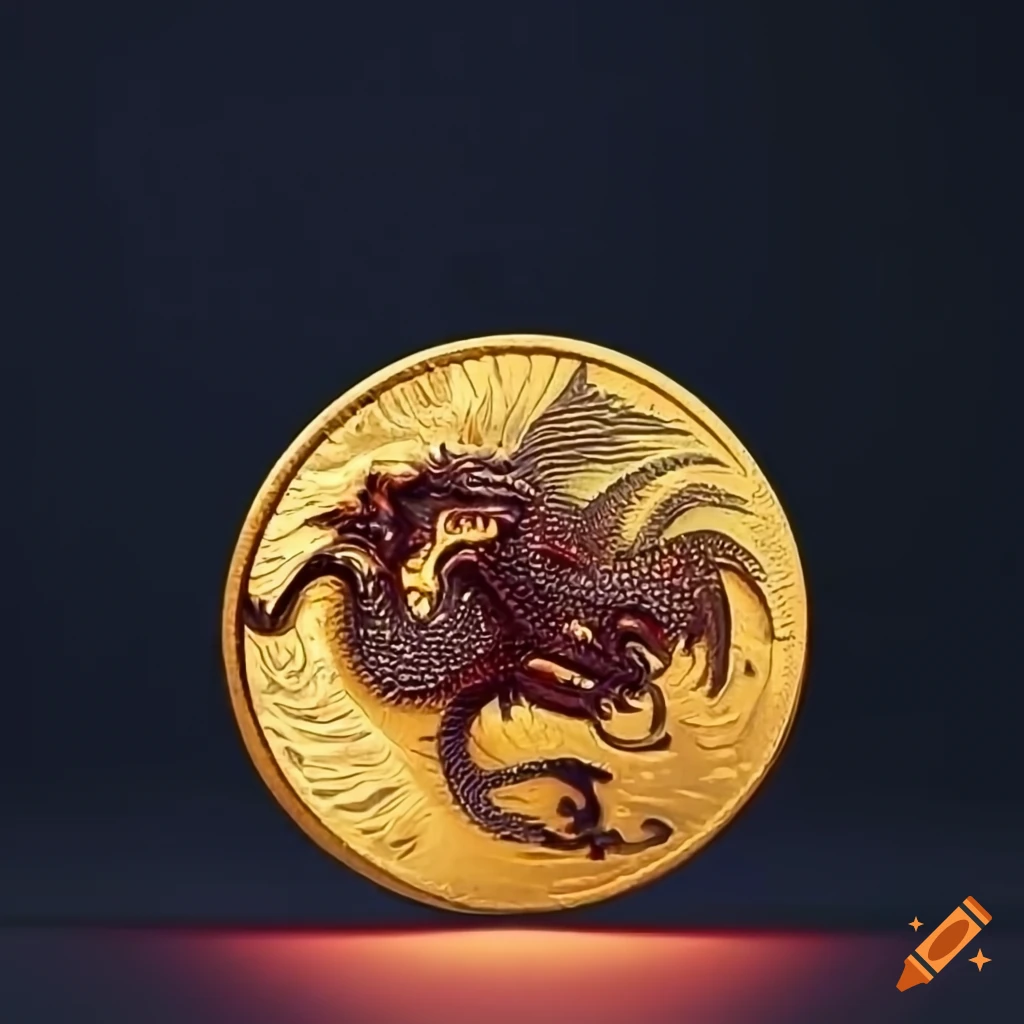 Gold coin with dragon engraving floating in black void