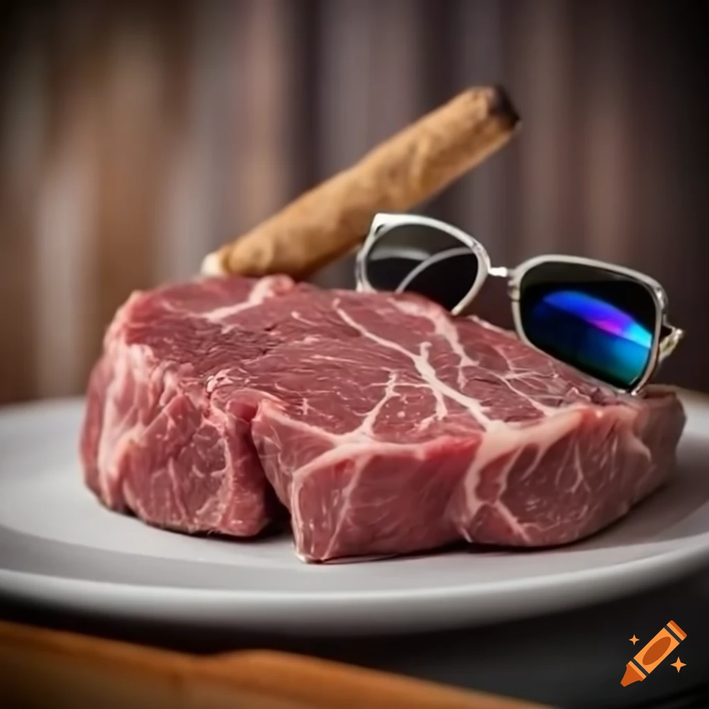 humorous image of a smoking steak with sunglasses