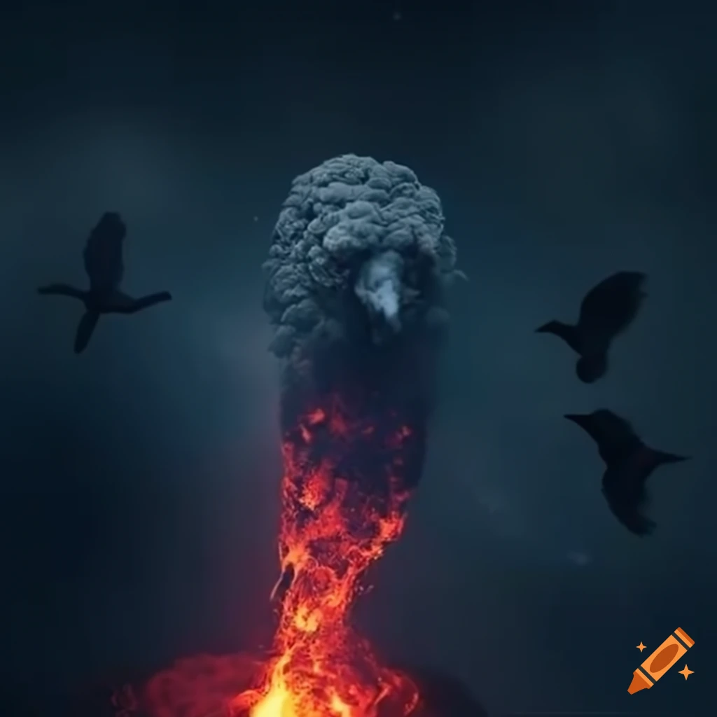artistic depiction of a cage fight between a volcano and a flock of crows