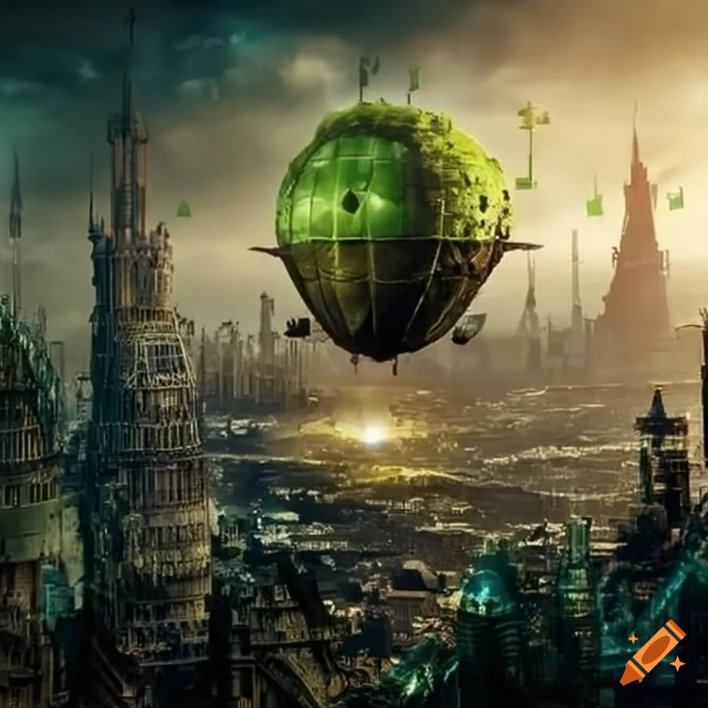 steampunk city with moss-covered crystal airship