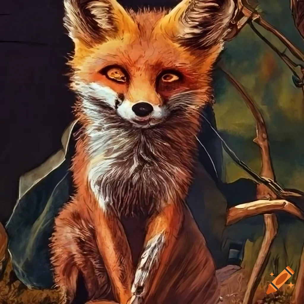 atypical fox in a vineyard from a noir graphic novel