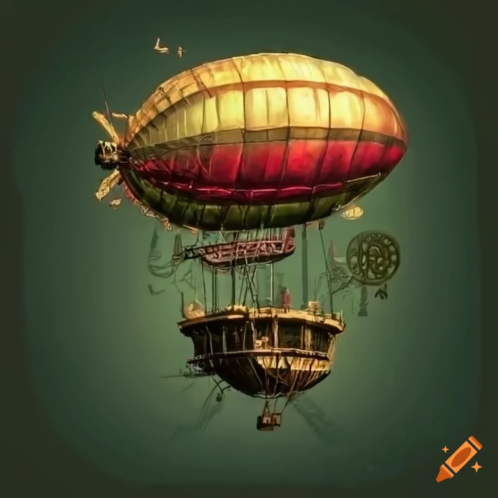 steampunk city with a moss-covered airship