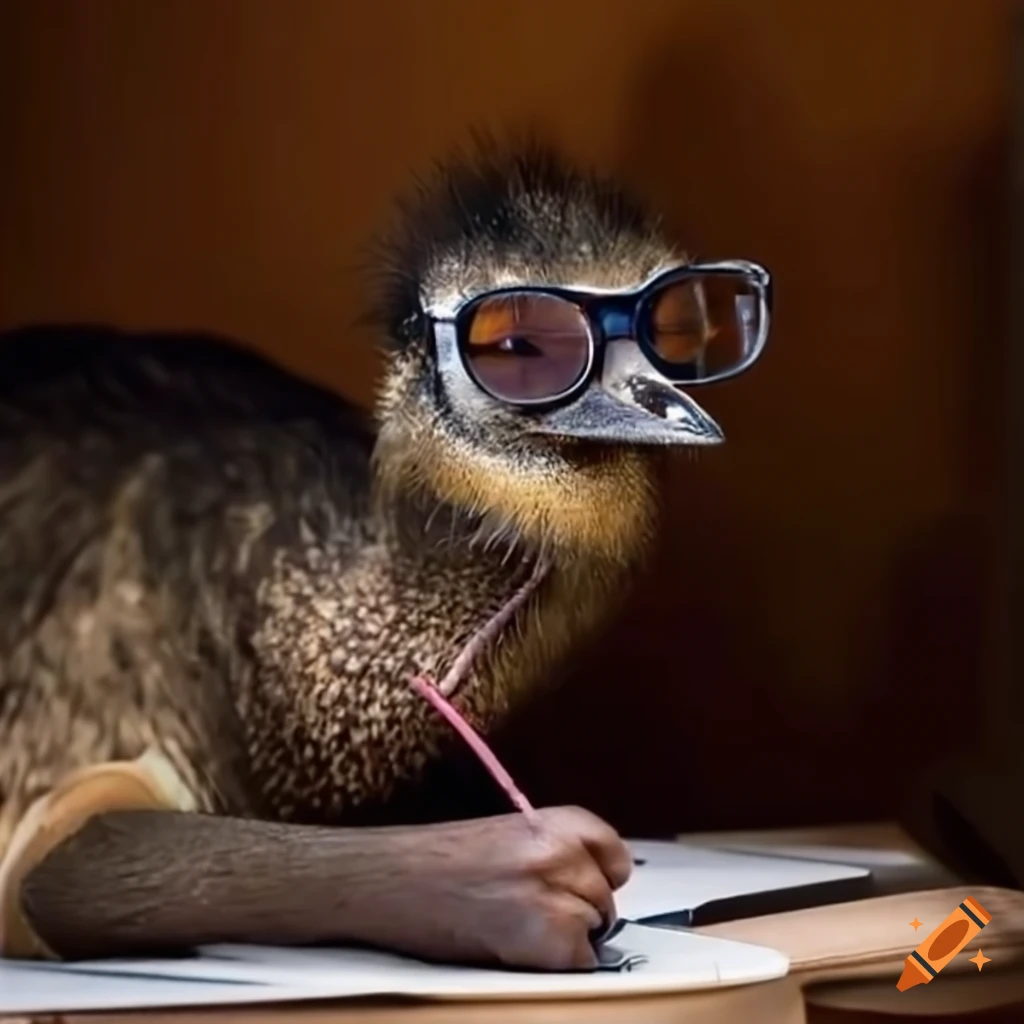 funny image of an emu wearing glasses and typing on a computer