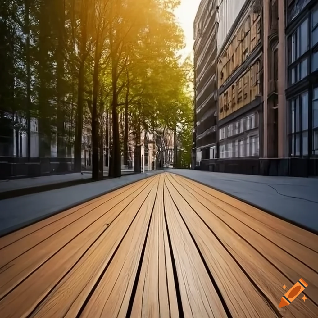 Urban avenue with wooden paving and modern buildings on Craiyon