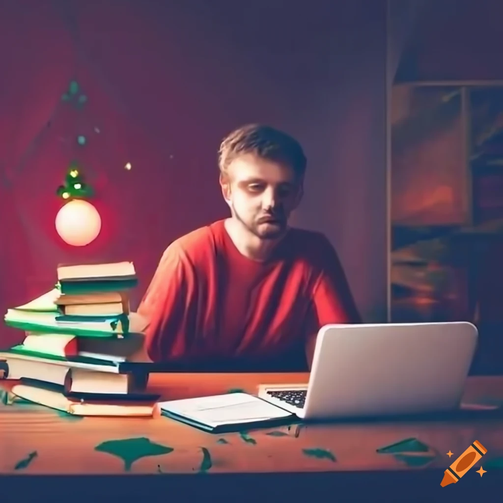 man working at a desk in a cozy Christmas setting