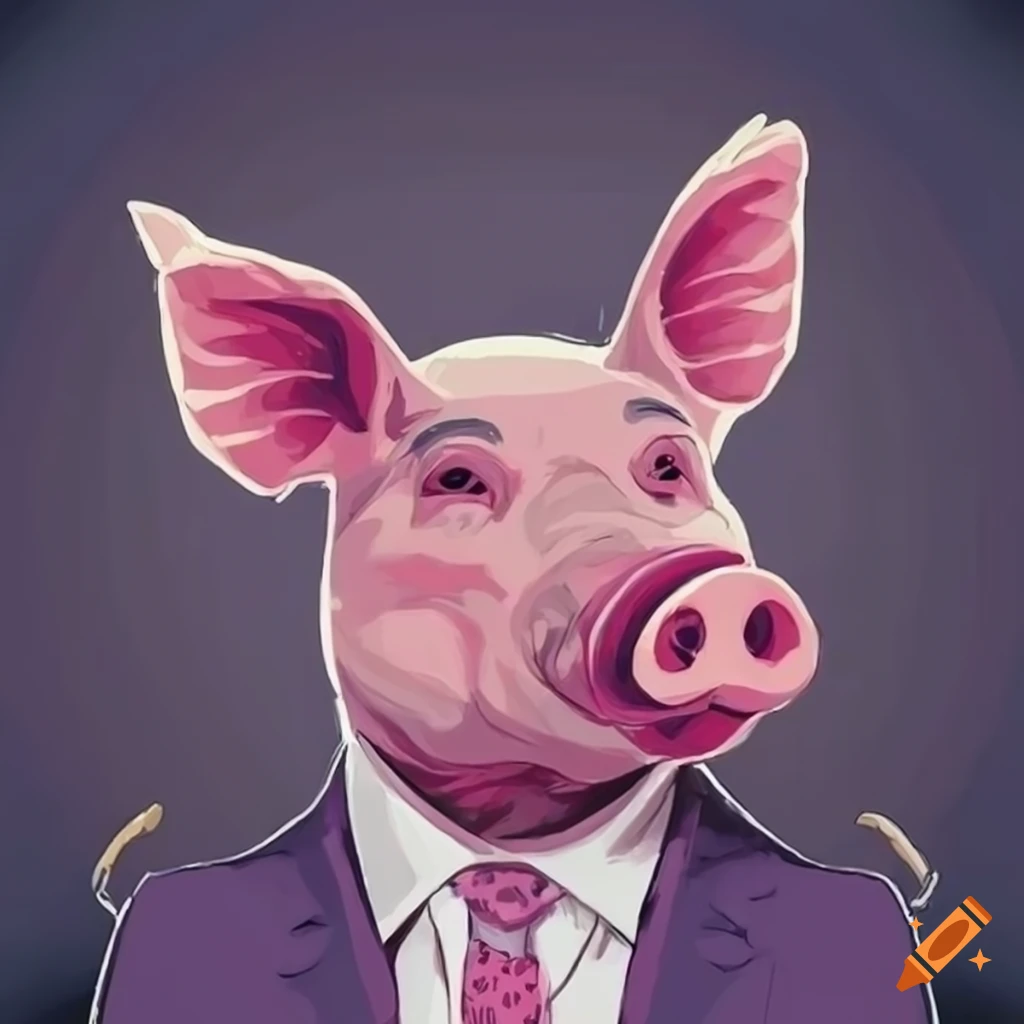 mysterious pig wearing a suit in a 90s setting