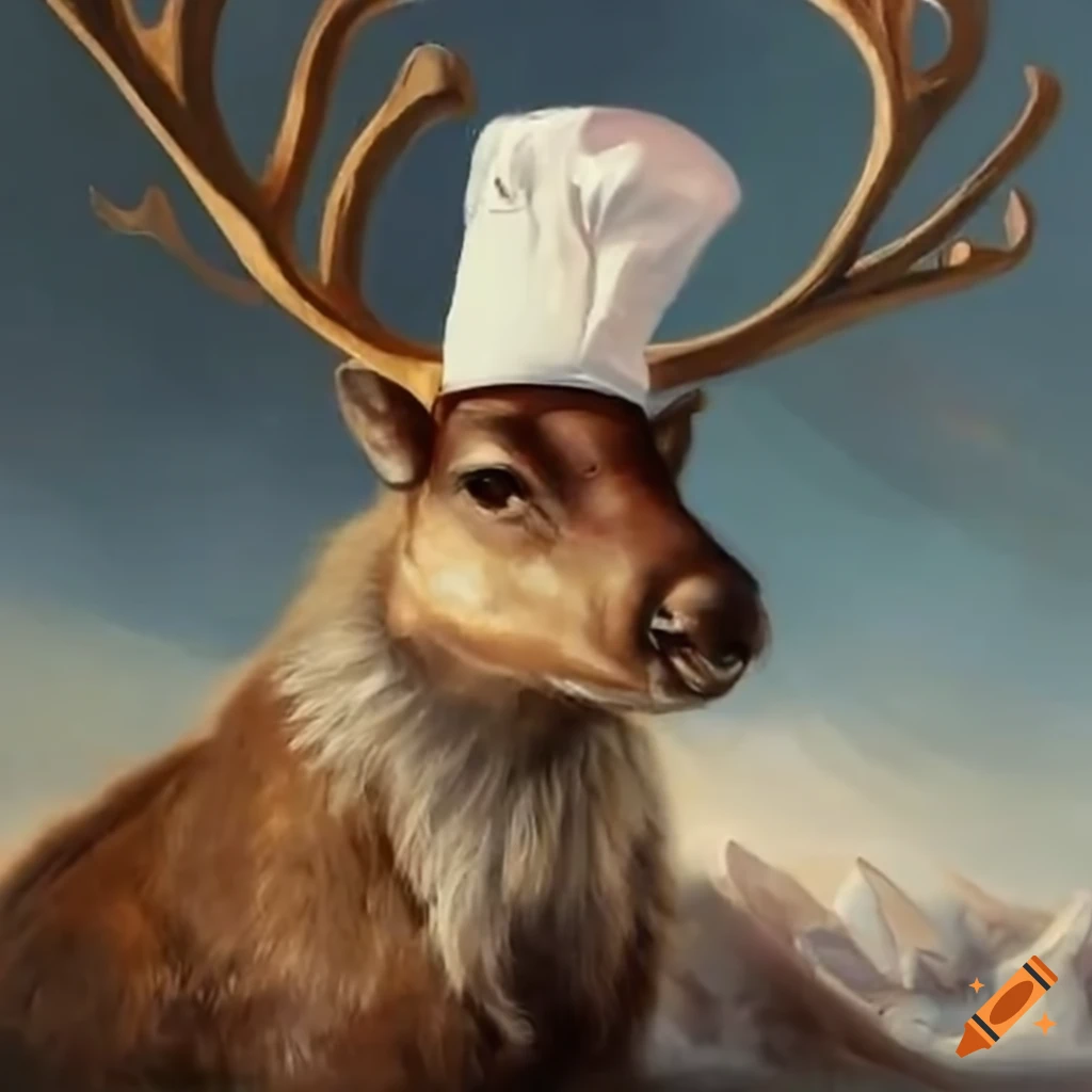 reindeer in a chef's hat working at a restaurant