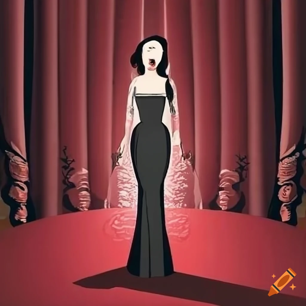opera singer on stage with red curtains and a menacing shadow