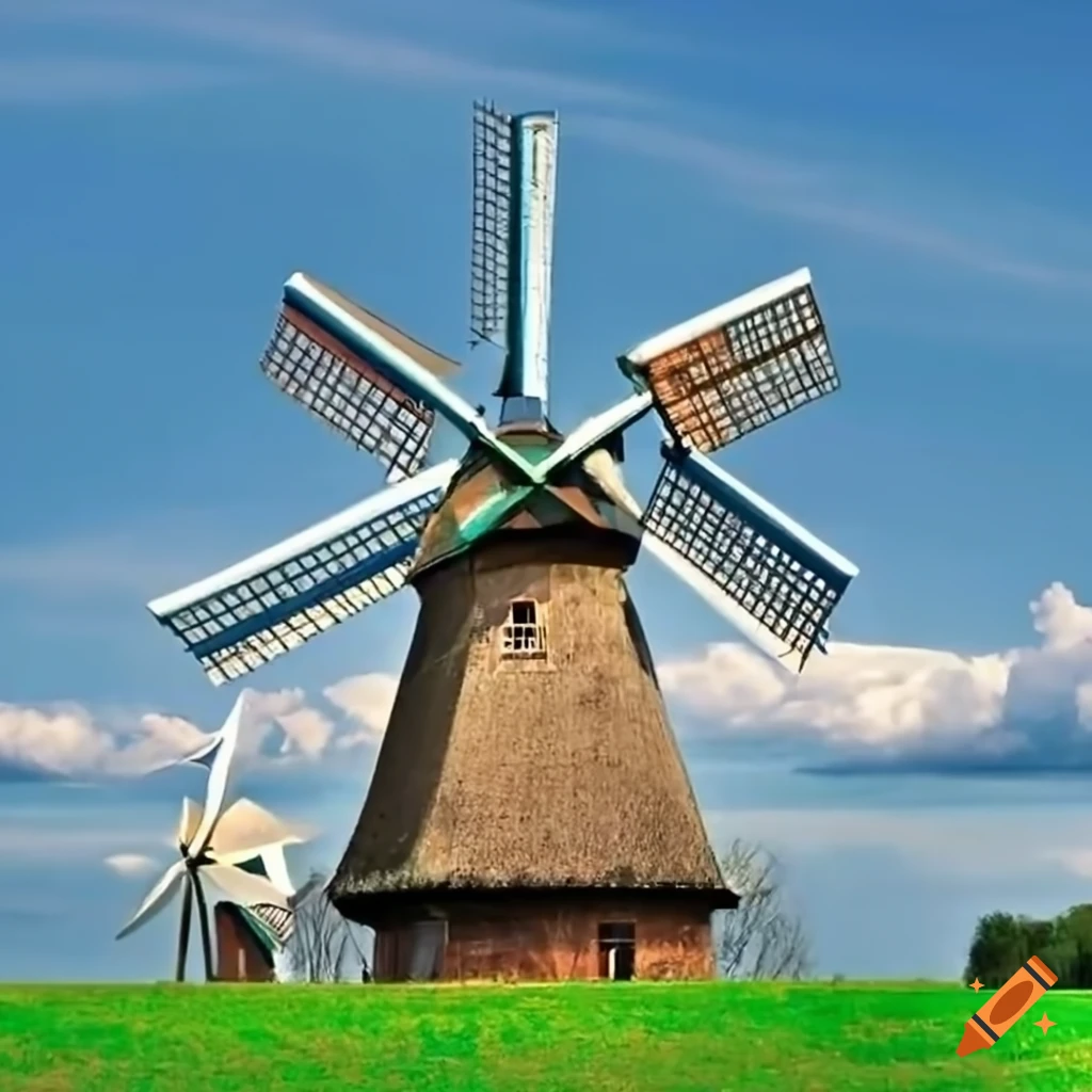 windmill field under a blue sky