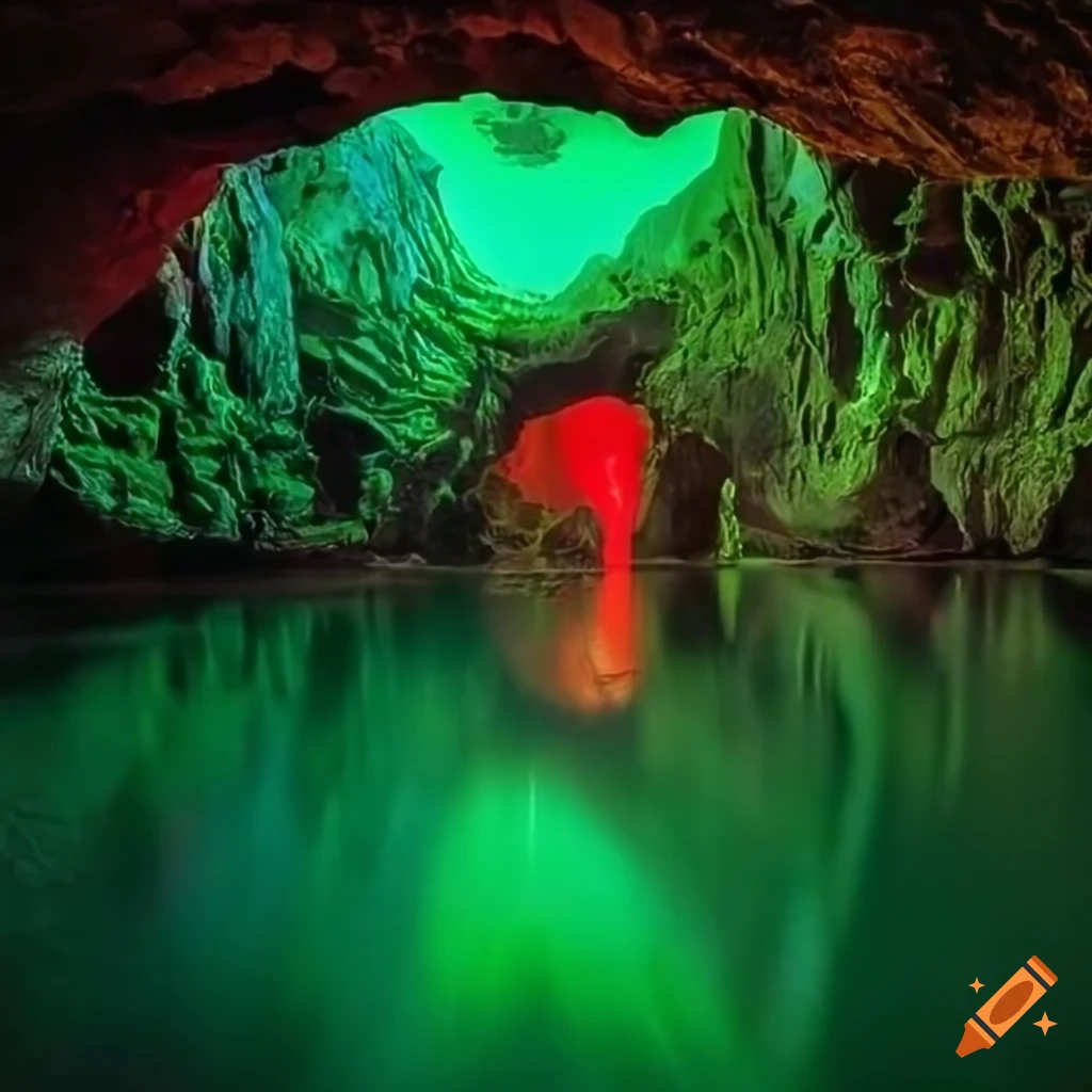 Cave Illuminated With Red And Green Lights On Craiyon