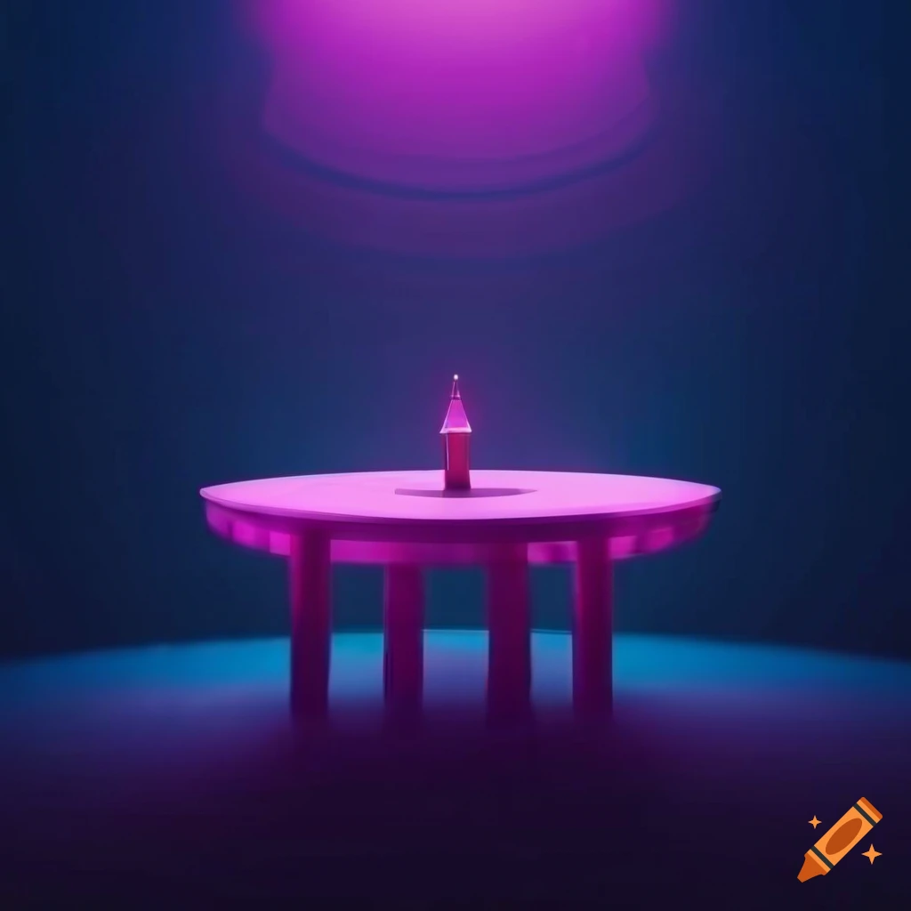 neon-lit retro-futuristic scene with people gathered around a table