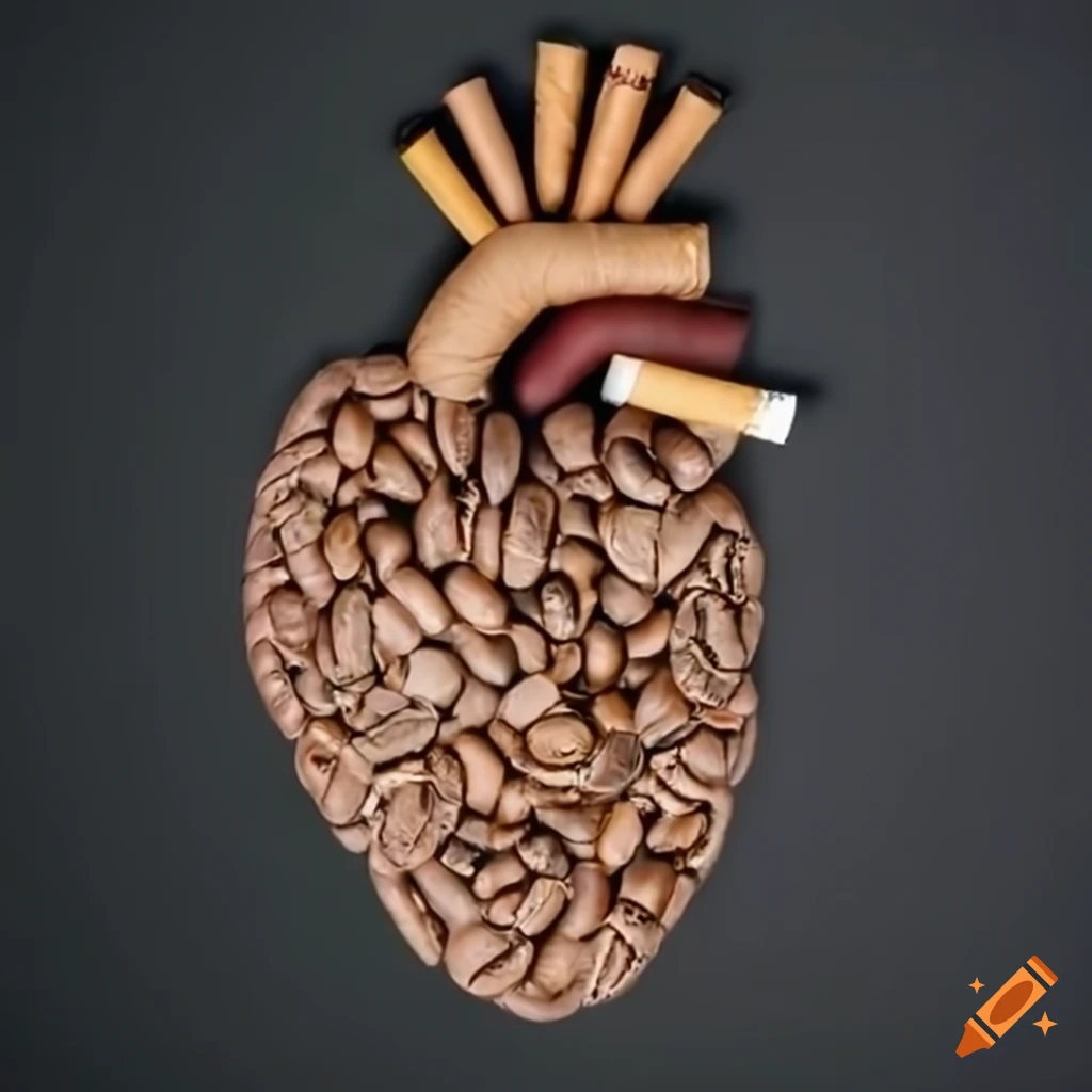 Art sculpture of a coffee bean heart with cigarette arteries and veins