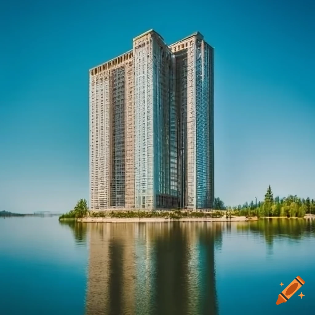 blue skyscraper reflected on a lake