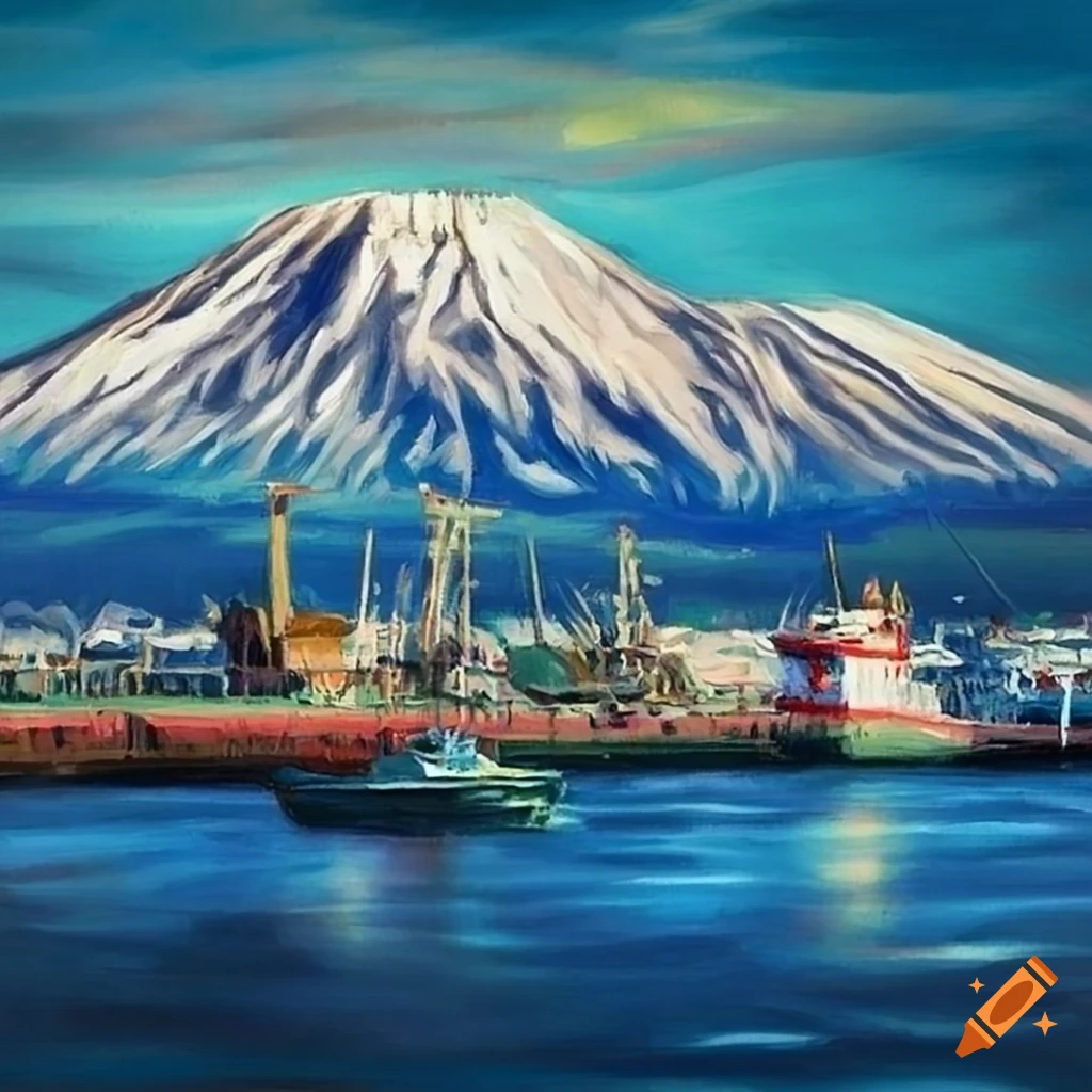 realistic painting of the port of Longview with Mt St Helens