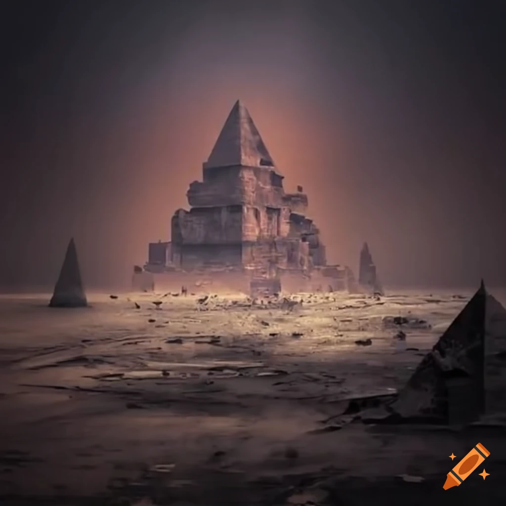abandoned city with a crumbling pyramid