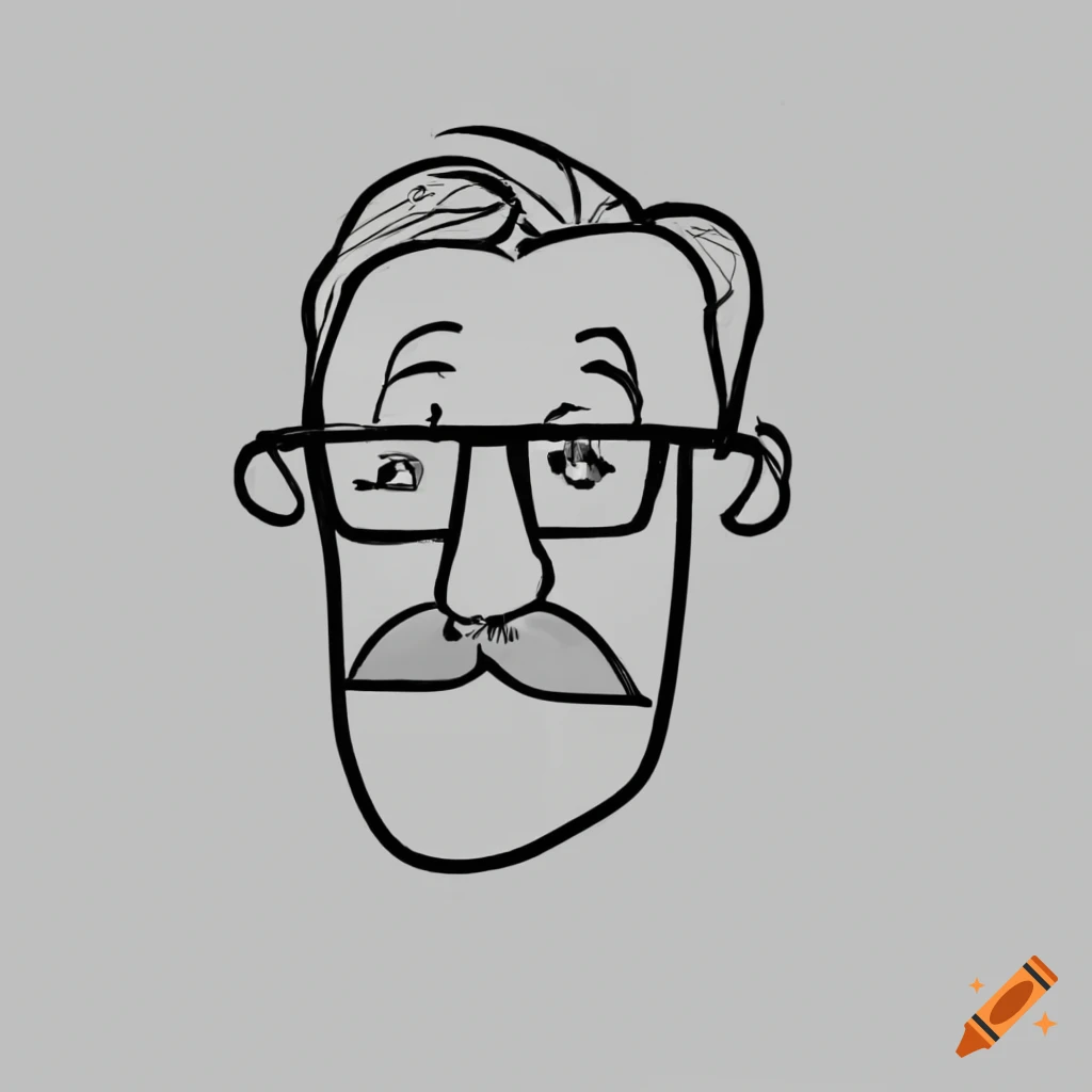black and white doodle of an older man with glasses