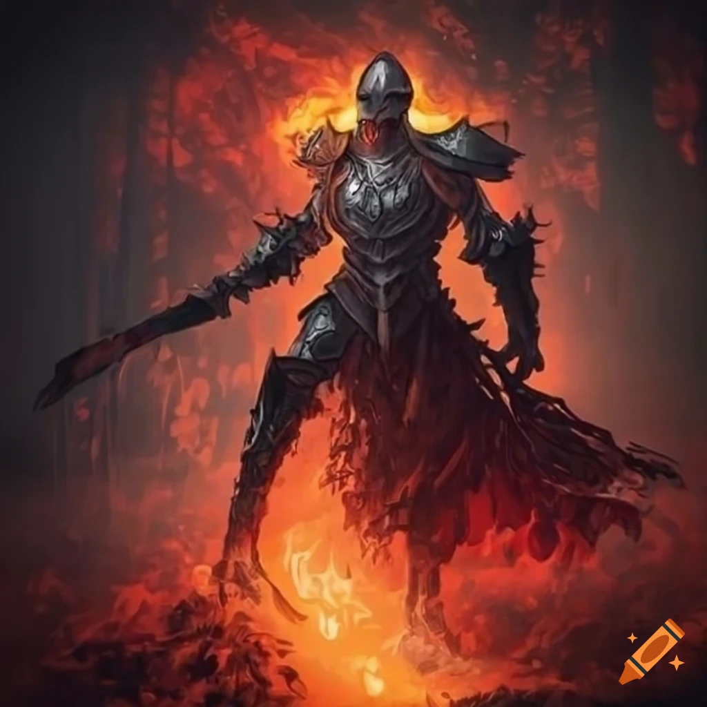 image of a fiery red warrior in a mystical forest