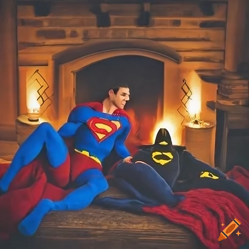 cozy fireplace scene with Superman and Batman knitting
