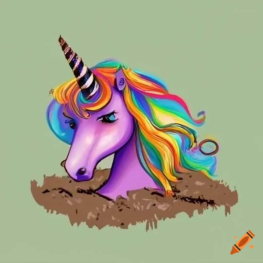 Colorful unicorn sinking into a mud pit