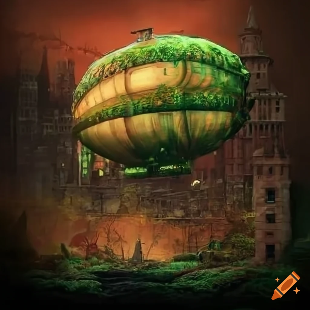 steampunk city with moss-covered airship