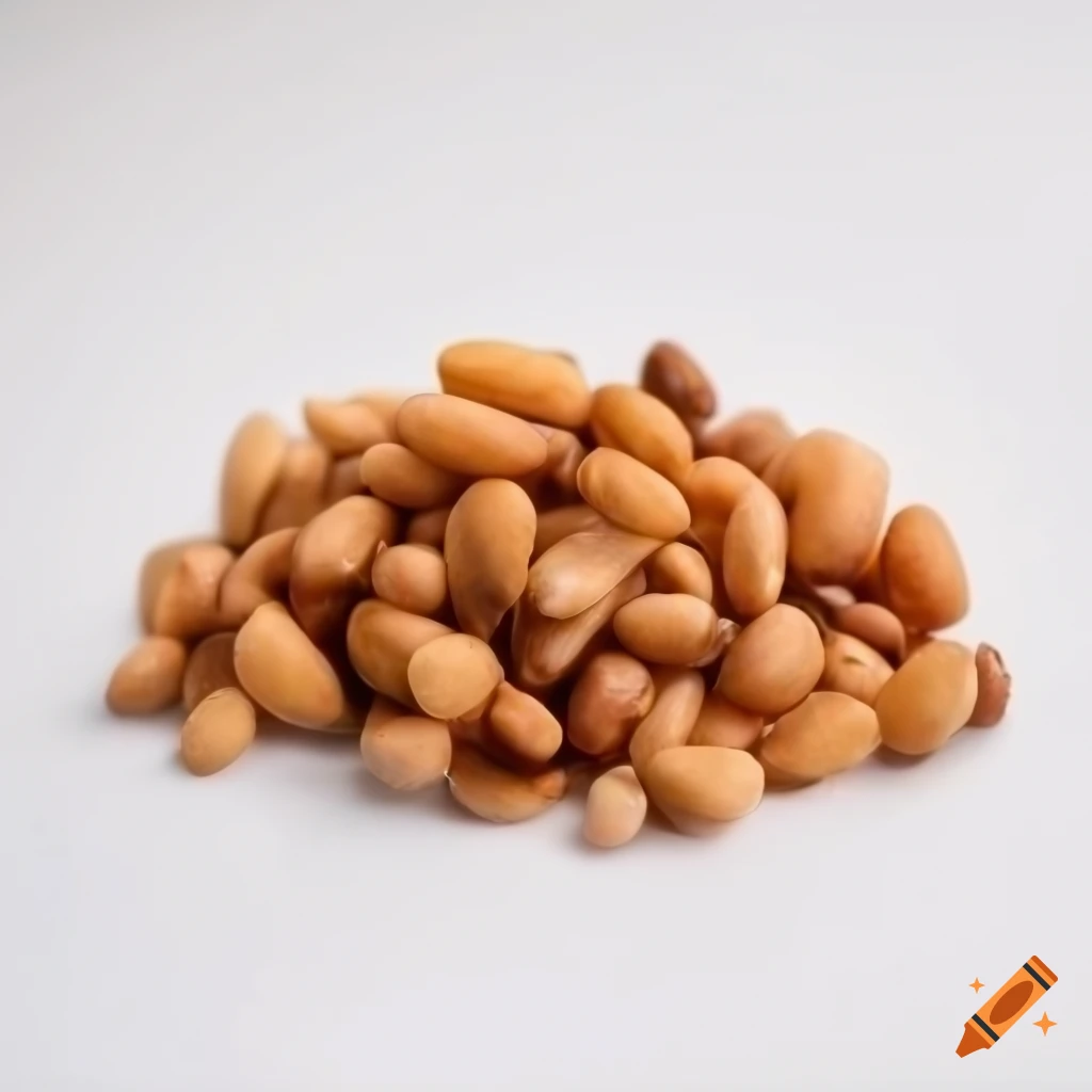 beautifully arranged pine nuts on a white background
