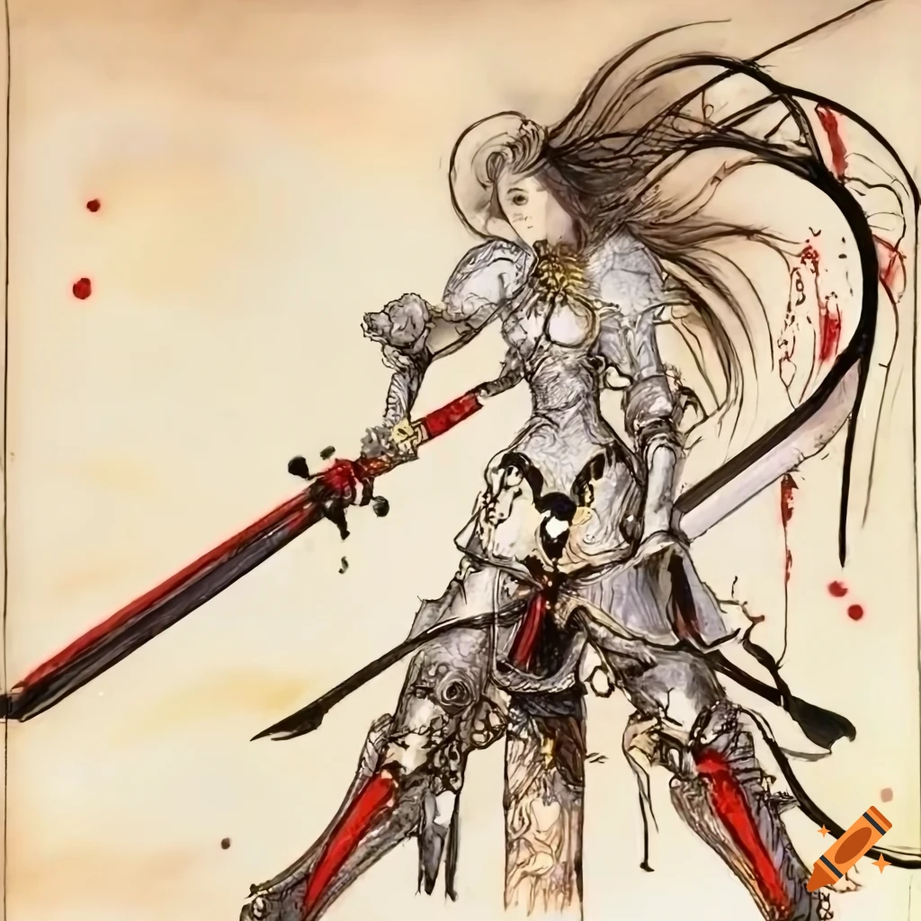 white armored female warrior in the midst of a circle of swords