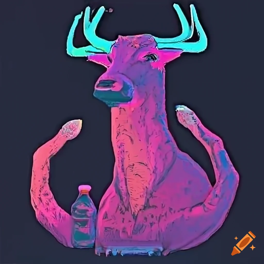 vaporwave style image of a deer consuming energy drink