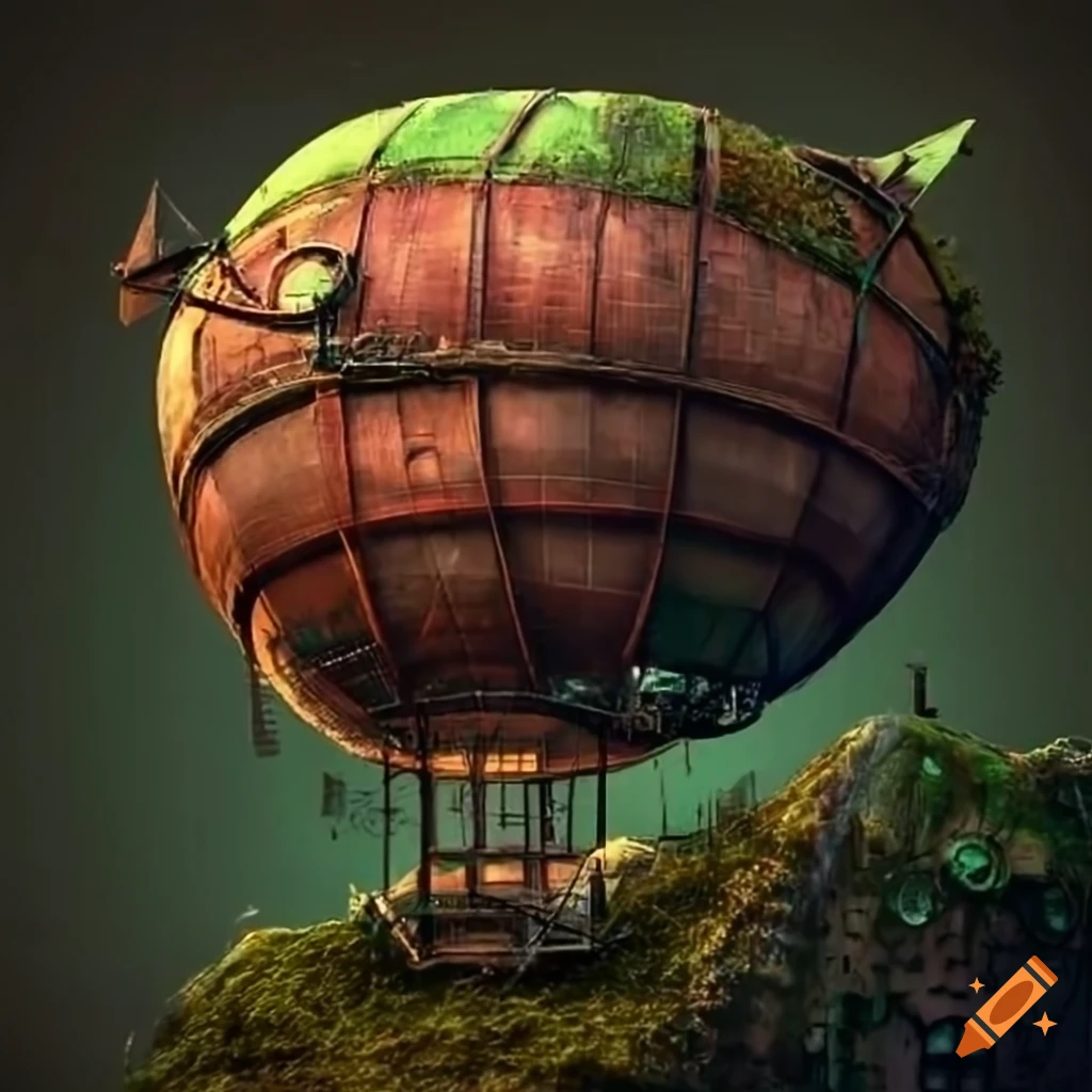 steampunk city with a moss-covered airship