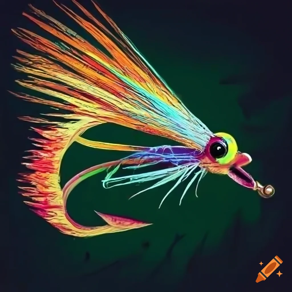 Close-up of a colorful fly used for pike fishing on Craiyon