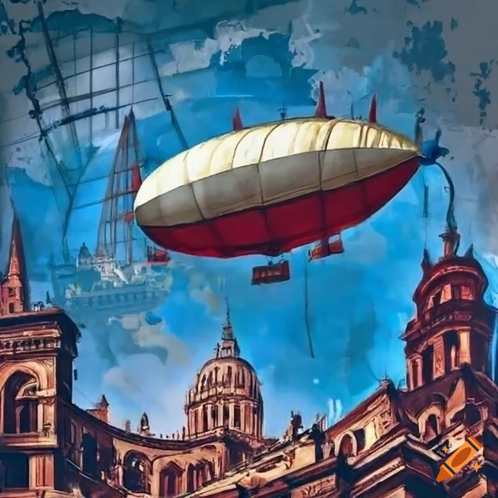 silver, red, and blue airship flying over a city